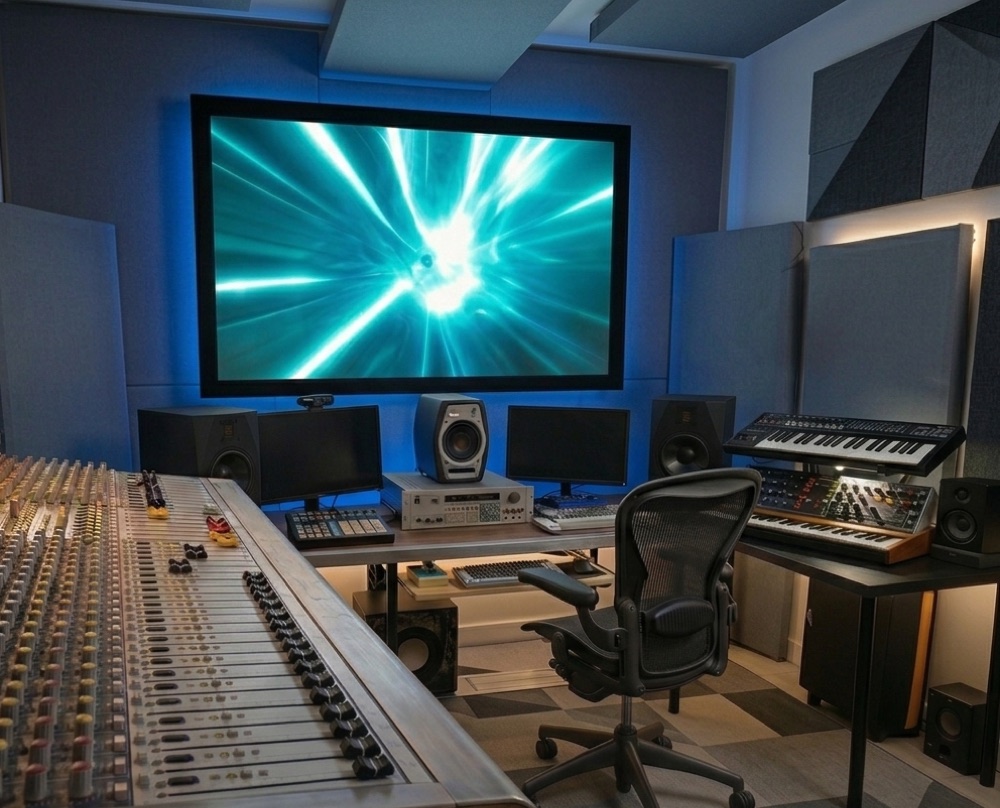 Atmospost cinema audio mixing room with mixing console and monitors Selangor